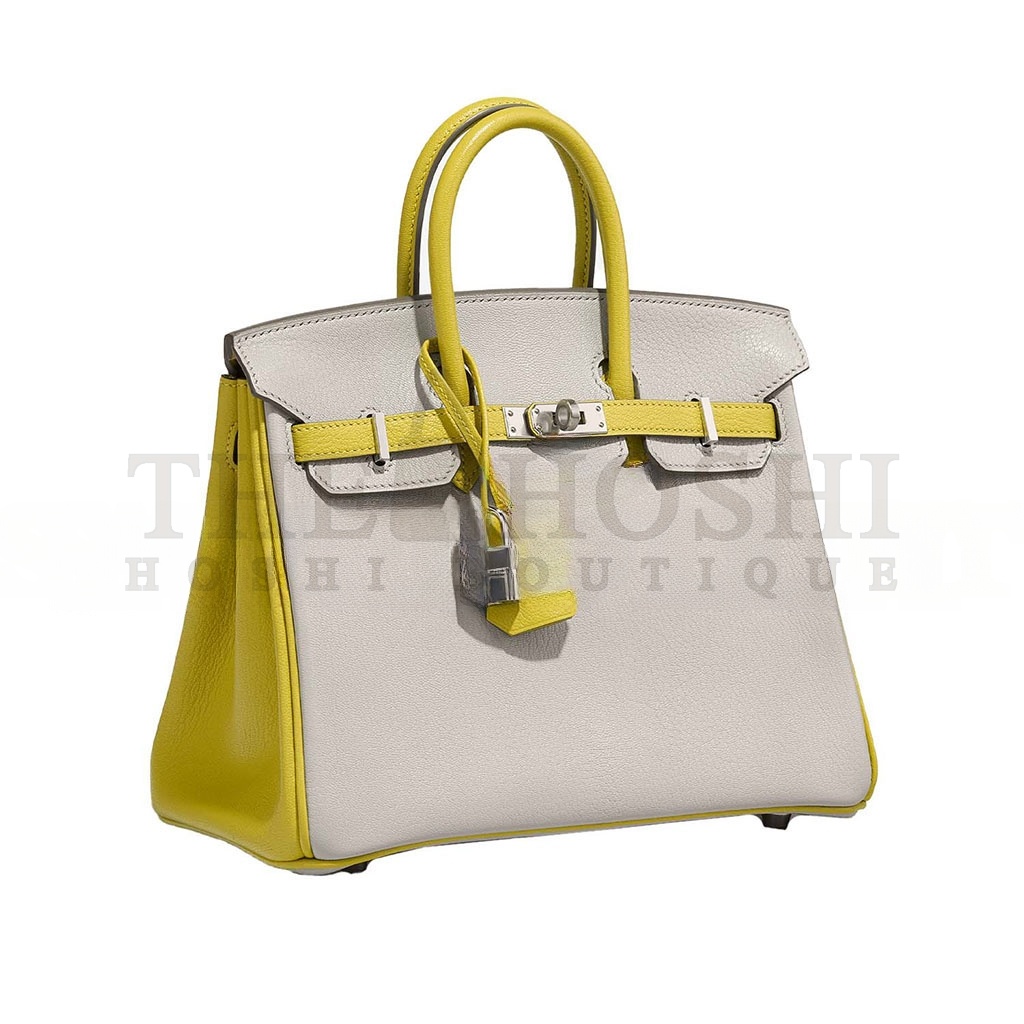H**me5 BIRKIN 25 SWIFT LEATHER PEARL GREY LEMON YELLOW SILVER BUCKLE BAG 3237 (25*20*13cm) Master Quality
